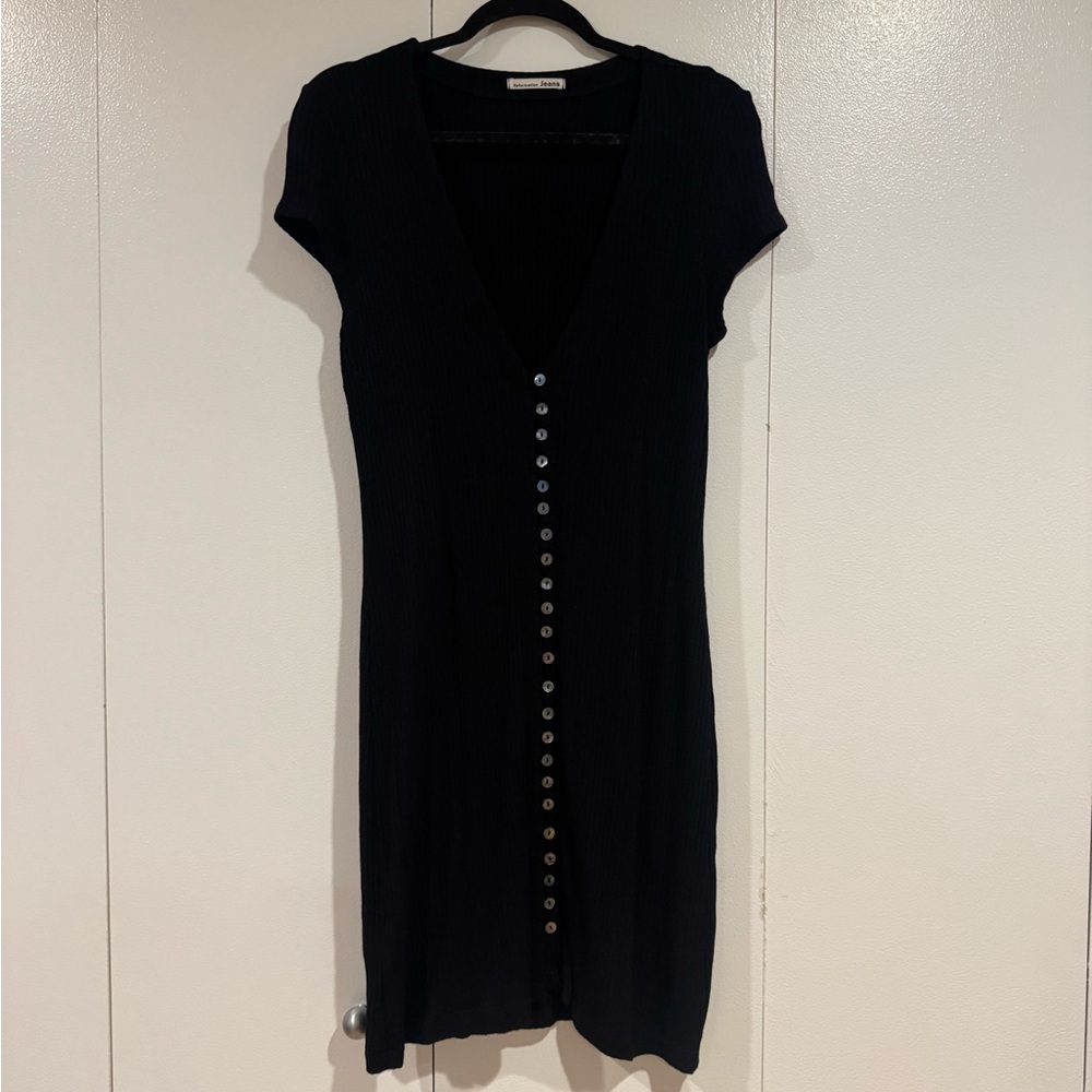 Reformation Black Ribbed Button-Front Mini Dress